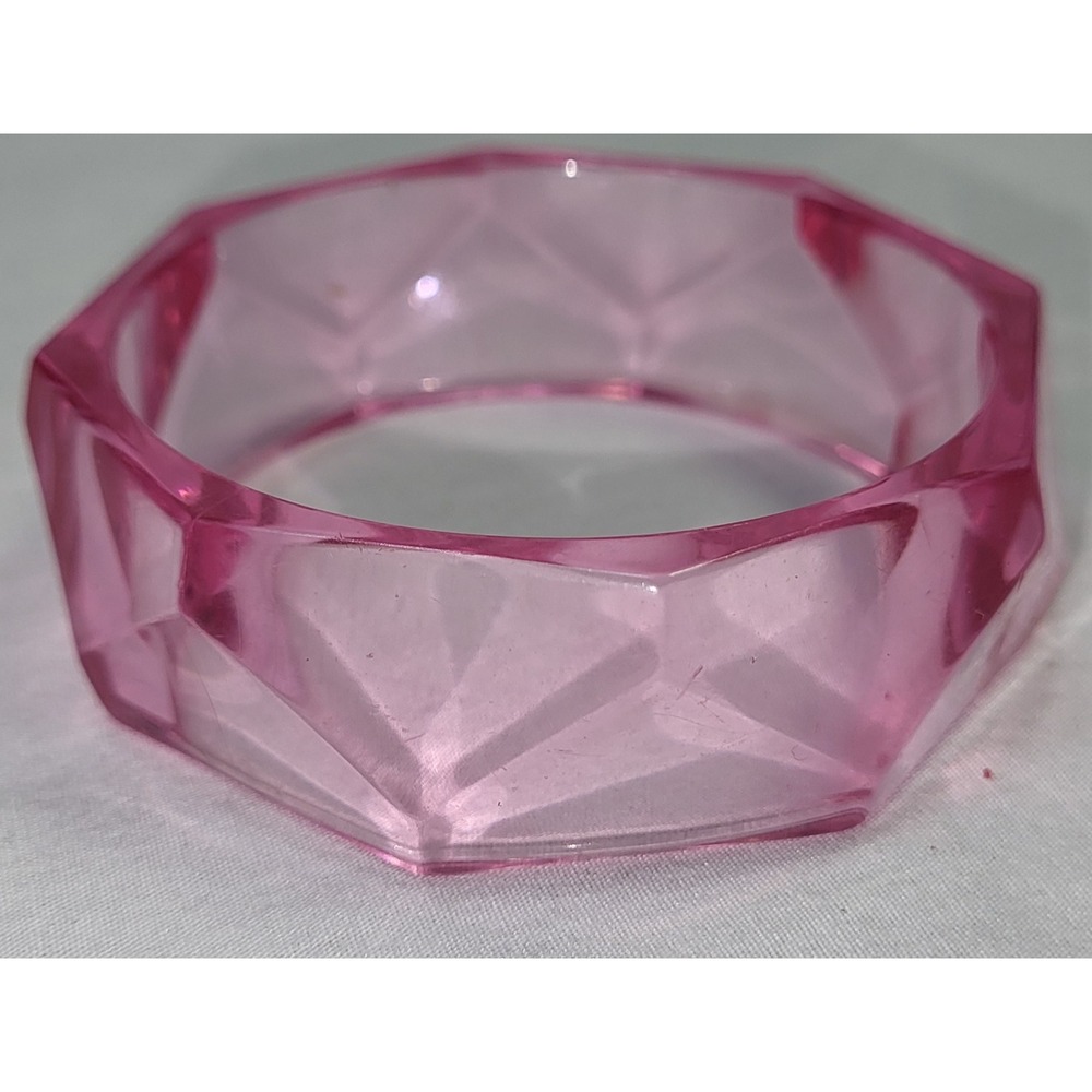 Faceted Acrylic Bangle Women Pink Vintage 80s Chunky Geometric Retro Translucent
